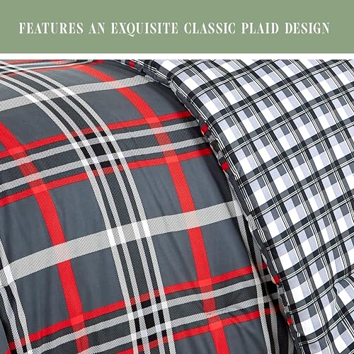 Image of Elegant Comfort 8-Piece Lodge Plaid Reversible Comforter Set - All Season Bed in a Bag, 4-Piece Sheet Set Featuring Smart Pockets, Matching Shams and Decorative Pillow, Full /Queen, Gray