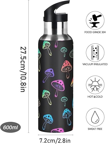 Miniatura 9 de Insulated Water Bottle 20 Oz, Leakproof Water Bottles for Gym Outdoor Travel School, Vibrant Mushrooms Black