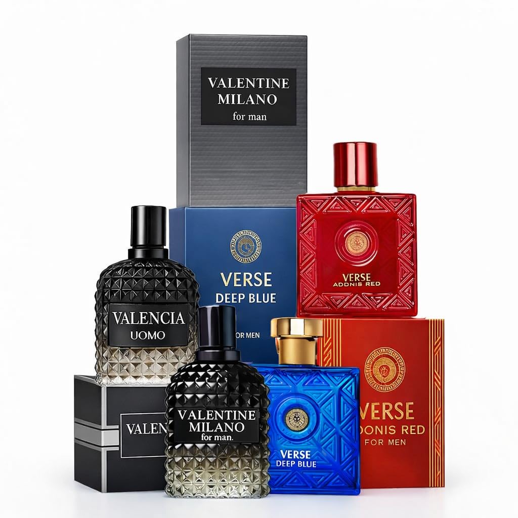 Mens Cologne Gift Set 4 Fragrance Collection Valentine Milano Valencia Uomo Adonis Red Deep Blue Long Lasting Eau