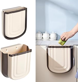 Soddeph Collapsible Hanging Trash Can for Kitchen Cabinet Door, 9L Plastic Foldable Waste Bin, 2.4 Gallon Small Wall Mounted Garbage Bin for Kitchen, Bathroom, Bedroom Countertop (Khaki)