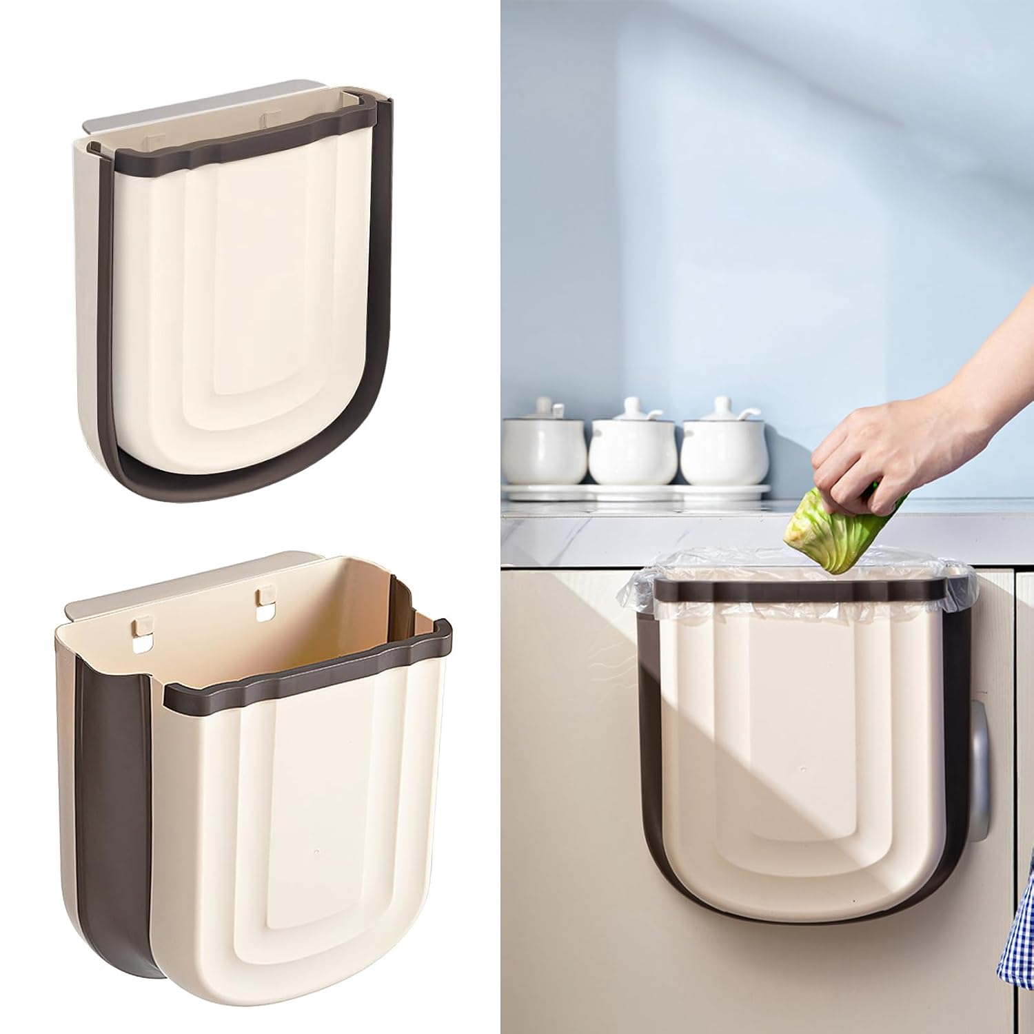 Soddeph Collapsible Hanging Trash Can for Kitchen Cabinet Door, 9L Plastic Foldable Waste Bin, 2.4 Gallon Small Wall Mounted Garbage Bin for Kitchen, Bathroom, Bedroom Countertop (Khaki)
