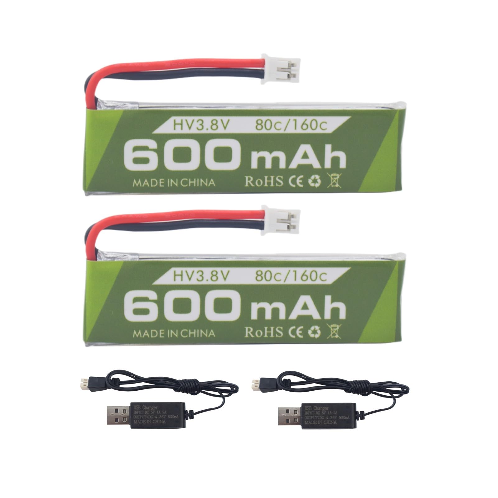 ZYGY 2PCS 1S 3.8V 80C 600mAh Li-Po Battery JST PH-2.0 Plug Connector with USB Charging Cable for Cinewhoop Tinyhawk Micro FPV Racing Drone RC Airplane Battery