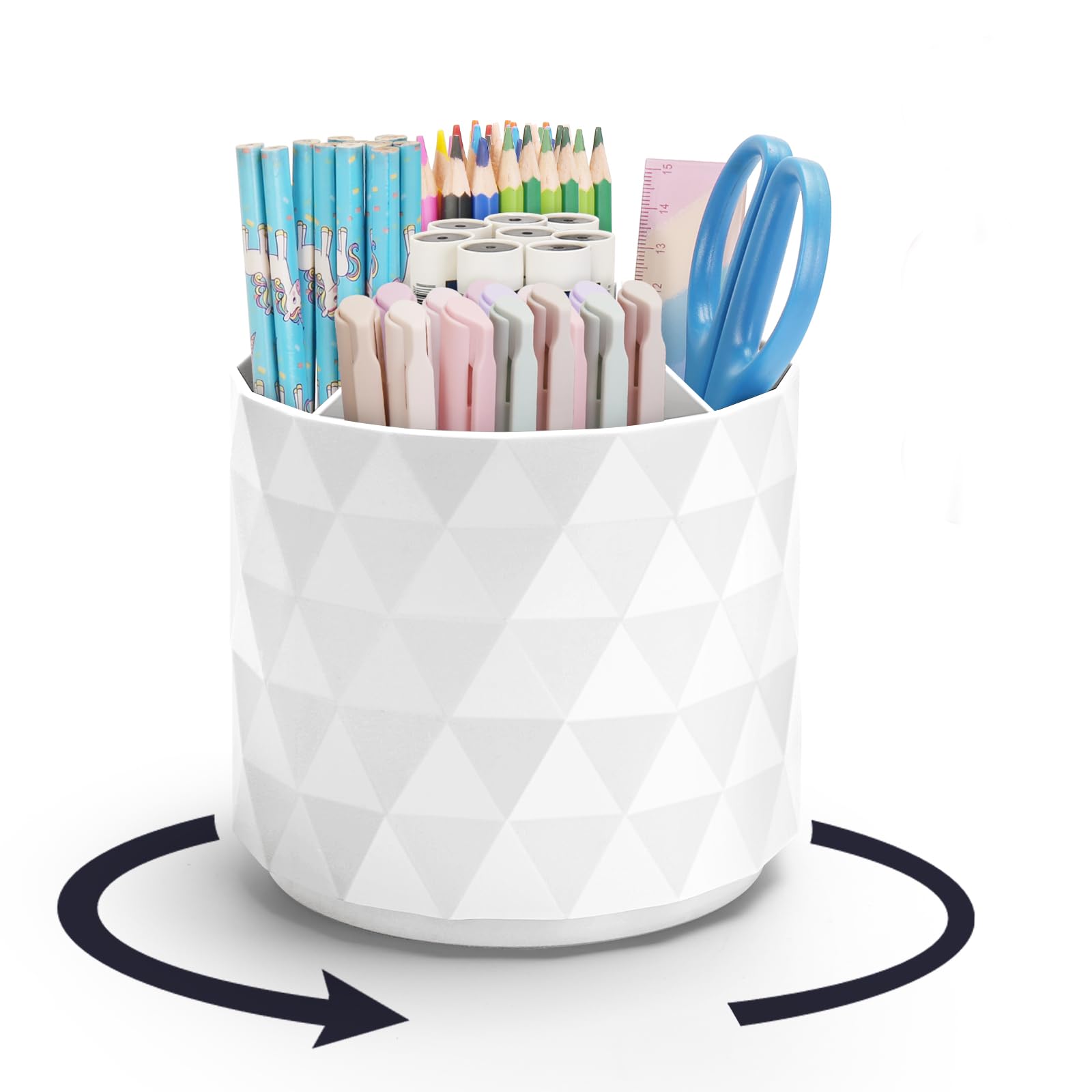 minimaliving Desk Organiser,Sparkling Diamond-like Pen Holder 360°Rotating Office Desk Accessories,Pen Pot with 5 Compartments Storage Box Caddy for Office,School,Home,Art Supply(White)