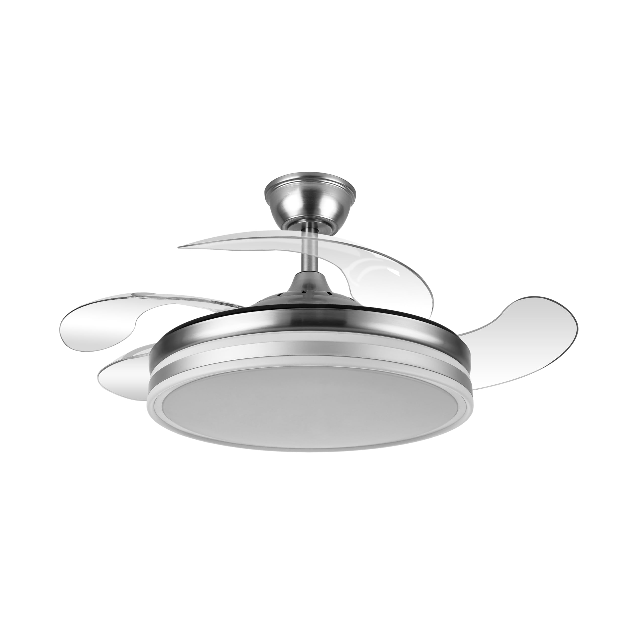 FABRILAMP - Ceiling Fan with LED Light 59W | DC Motor Model BAYOMO NIQUEL | 4 Retractable Blades | 3 Shades | 6 Speeds | Remote Control | Timer | Quiet, White, Medium