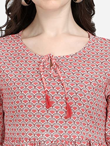Image of Women Pure Cotton Red Geometric Print Tie-Up Neck Peplum Top