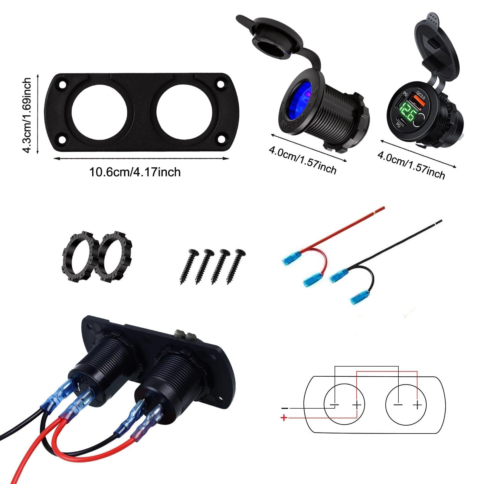 Presa 12V 2-in-1 per Camper Barca Auto, 2x PD 3.0 30W+36W & 1x QC 3.0 18W, con Voltmetro LED Blu & Interruttore, IP65 Impermeabile, Presa Accendini 150W