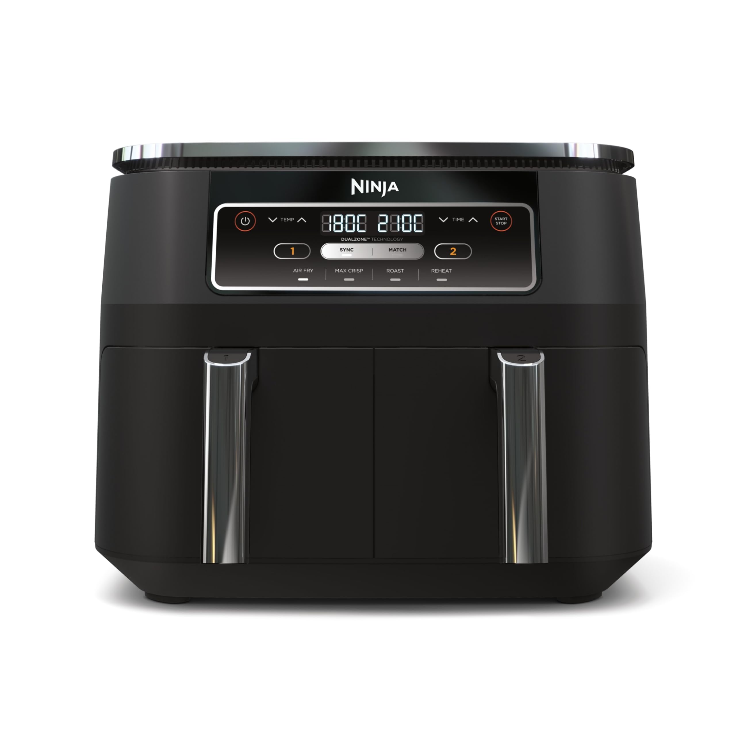 Ninja Foodi Dual Zone Airfryer Heißluftfritteuse, 2 Fächer, 7,6 l, 4-in-1, ohne Öl, Heißluftfrittieren, Max Crisp, Braten, Aufwärmen, antihaft, spülmaschinenfester Korb & Knusperblech, Schwarz AF200EU