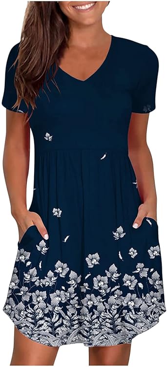 Women Dresses Clearance Casual Plain Loose V Neck Short Sleeve Loose Dress Floral Print Dress with Pockets Vintage Cocktail Mini Dress Swing Knitwear Jumper Sundress Ladies Tunic Dress UK Size