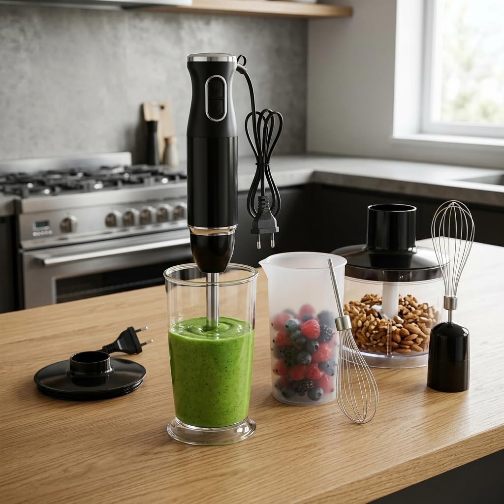 Tnfeeon Blender Zanurzeniowy, Sprzęt Kuchenny 4 w 1 ze Stali Nierdzewnej, Mocny, Ręczny, Przenośny Mikser w Sztyfcie, do Zup Smoothie, Puree, Spieniacz do Mleka, Trzepaczka, Zlewka, (wtyczka UE)