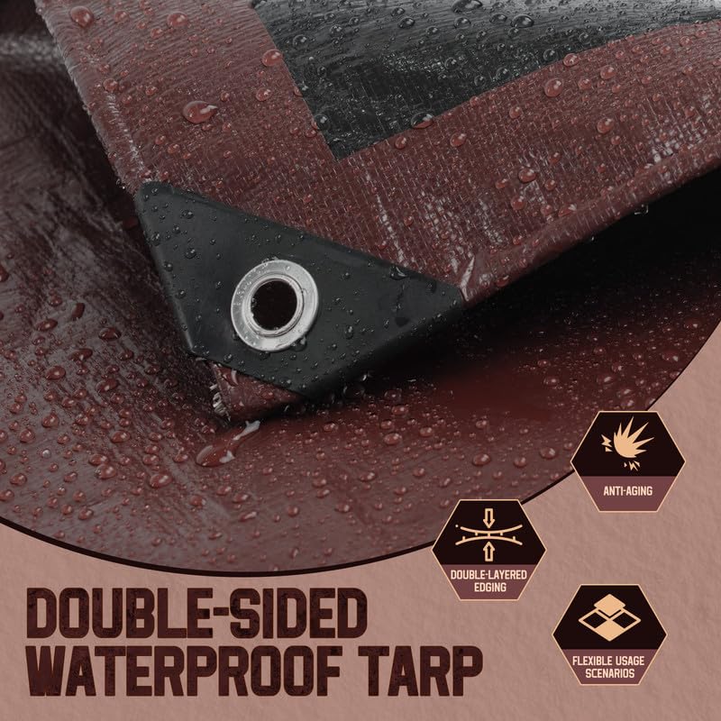 Image of 10x10 Tarp 8 Mil Waterproof Tarp Multipurpose Poly Tarpaulin Brown /Black