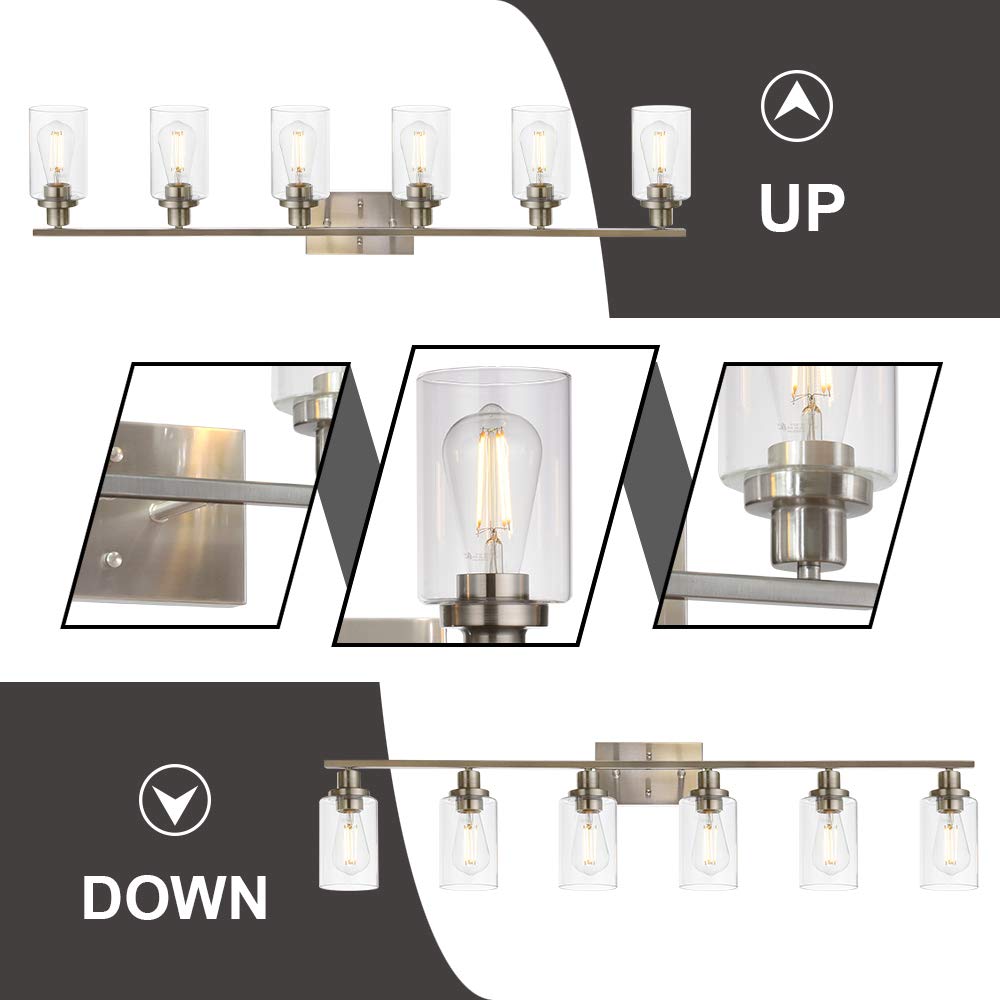 MELUCEE Modern Bathroom Vanity Light Fixtures 6-Light Brushed Nickel Contemporary Wall Light with Glass Shade for Kitchen Living Room Bedroom