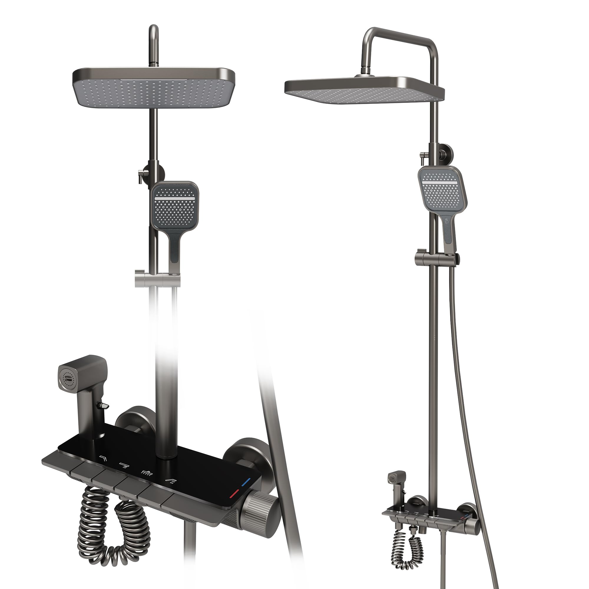 VANCOCO Grau Thermostat Duschsystem Komplettset Messing | Regendusche, Handbrause, Bidetsprayer und unterer Wasserauslass, wassersparende Duscharmatur