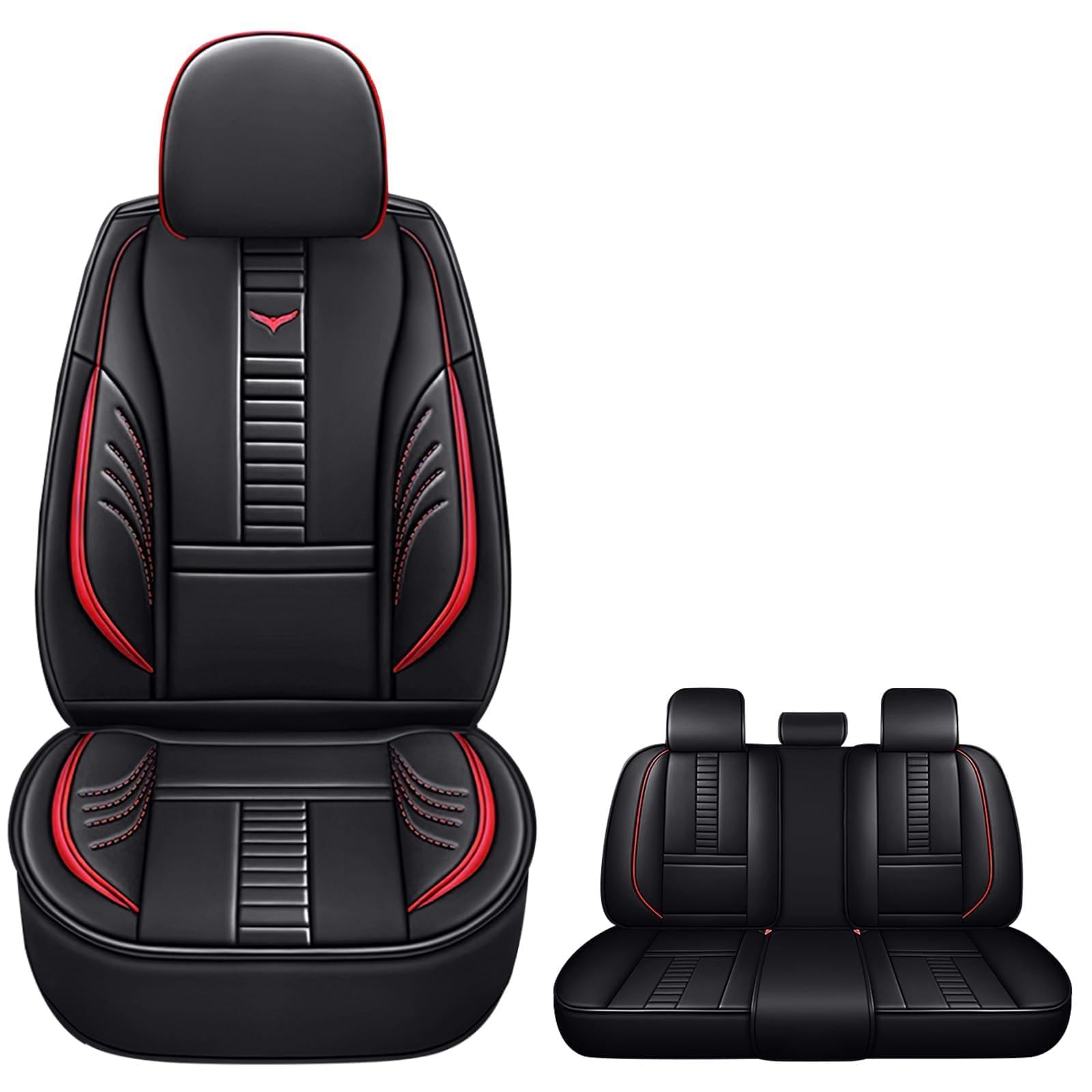 Waterproof 5 Car Seat Covers for Jeep 1999-2024 95% Models, Leather Automotive Front and Back Seat Protectors Compatible with Airbag Black & Red Line