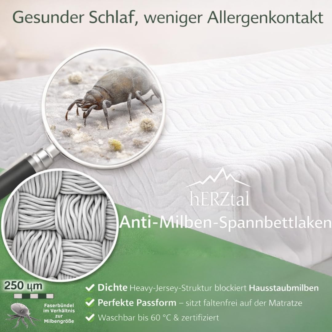 Anti-Milben Spannbettlaken, Weiß, 90x200 cm, Allergiker Matratzenschutz, Atmungsaktiv, Waschbar bis 60°C, Oeko-TEX Zertifiziert (100x200 cm)