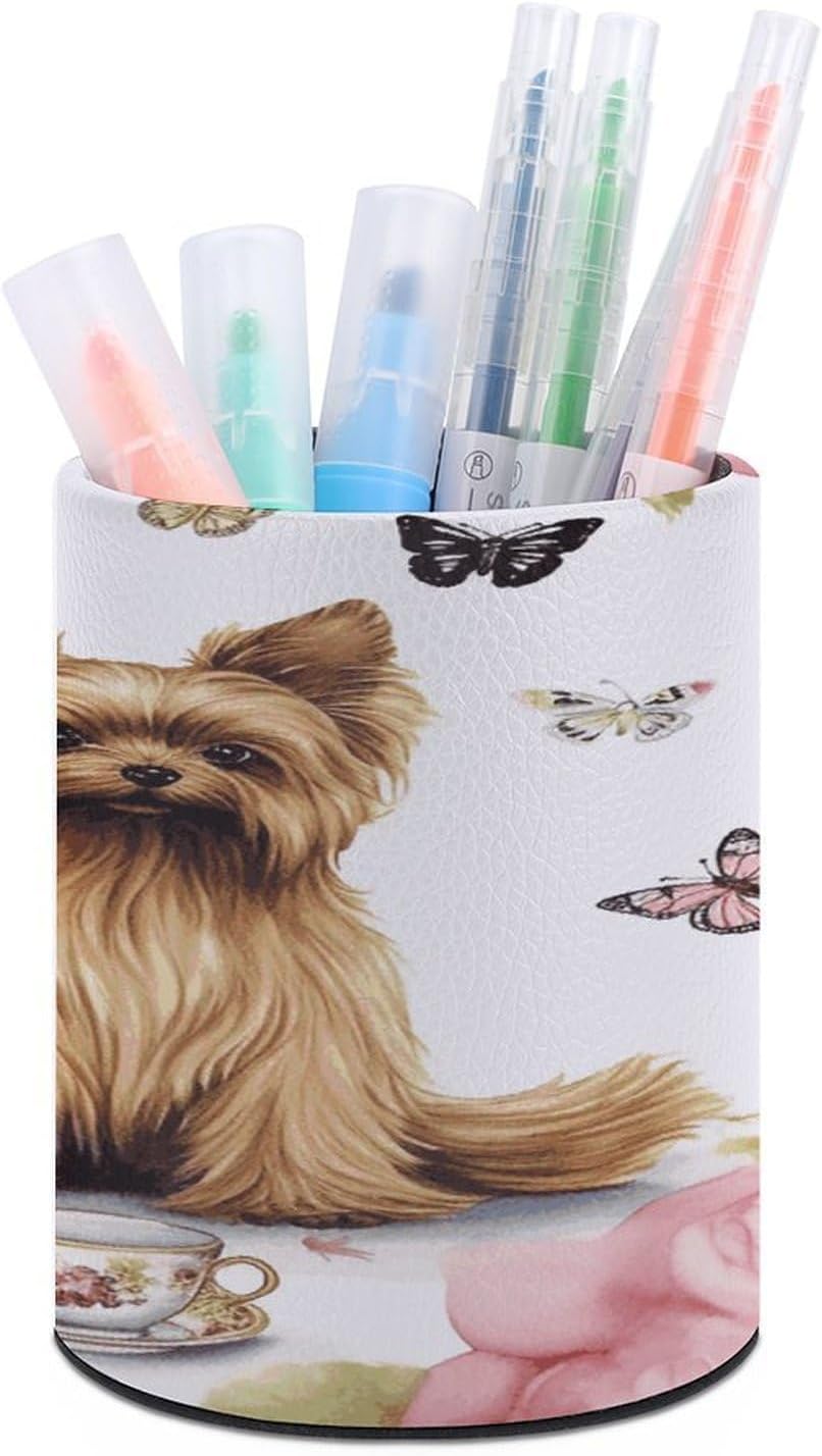 Yorkshire Terrier Tea Party Butterflies Roses Pen Holder Personalized Desktop Pencil Holders Case Office Accessories Container Box for Round Pen Cup Desktop Organizer Makeup Brush Holder Caddy Storage