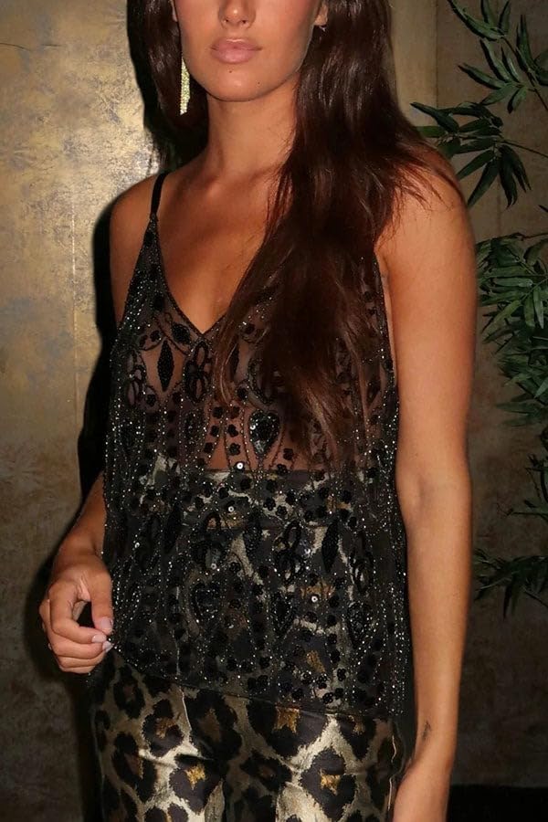 Women Semi See Through Sparkly Tank Top Sleeveless V Neck Floral Sequin Camisole Dance Rave Outfits - Image 4