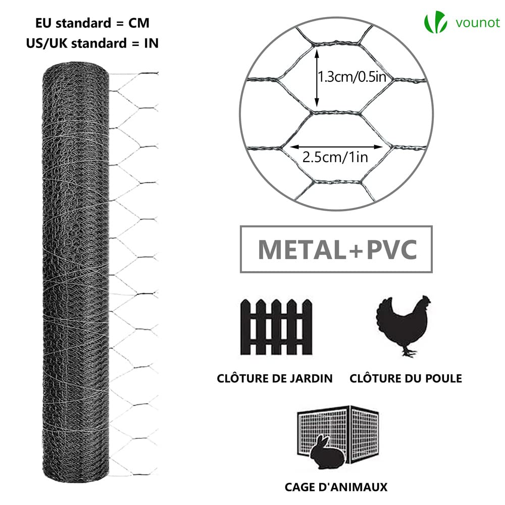VOUNOT® Red Alambre Hexagonal Rollo Malla Metálica 13mm 100cm x 50m Revestimiento PVC Gris