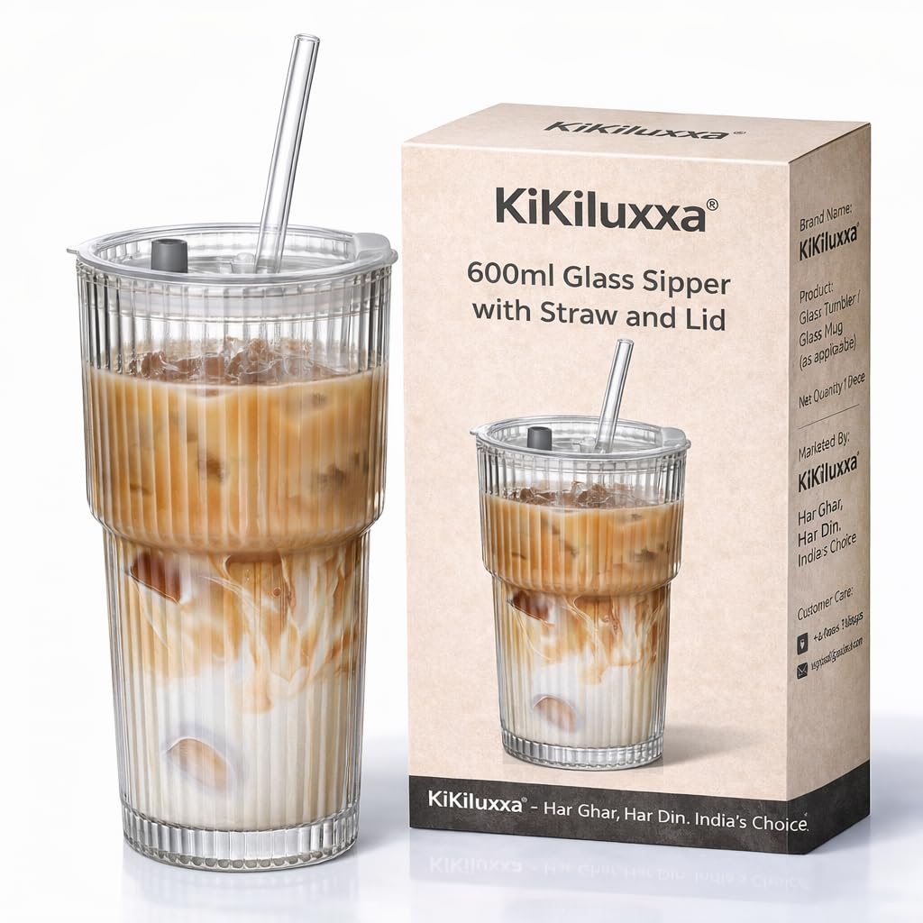 KiKiluxxa Coffee Glass Mug Sipper with Straw and Lid 1 pcs -600ml -for Smoothie,Water, Juice, Drinks,Lemon Soda, Beer Drinking Glasses, Iced Coffee and Tea Cups with Straw (SiletInex P-1)