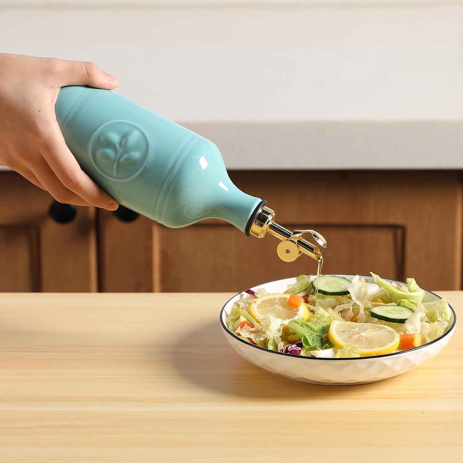 Sweejar 16 Oz Ceramic Olive Oil Dispenser Bottle, Oil Dispenser for Kitchen with Gravity Spout, Relief Opaque Vinegar Container for Evoo, Soy Sauce, 1 Pack(Turquoise, Gold Spout) image 5