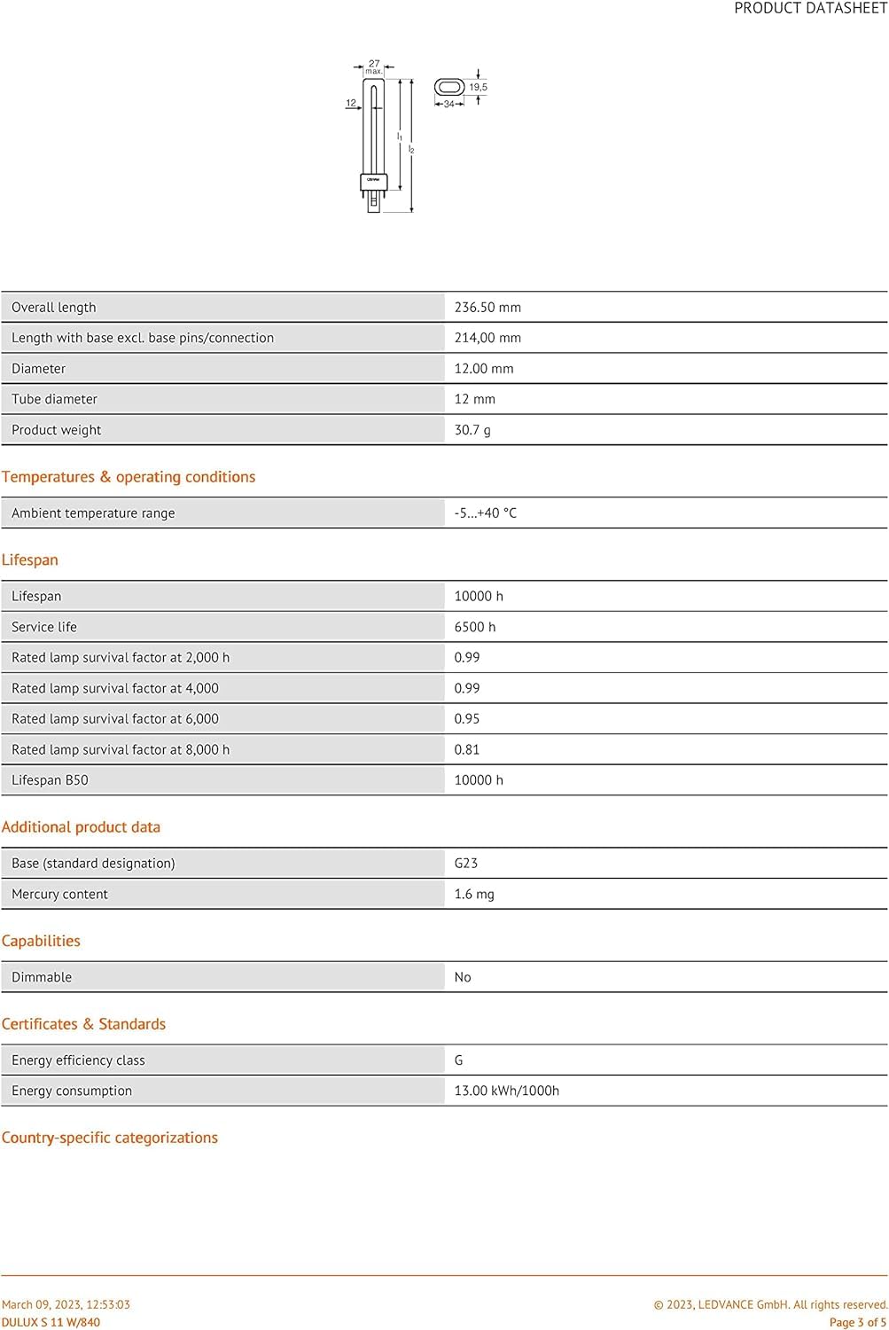 10 x Osram DULUX S 11W/840 G23