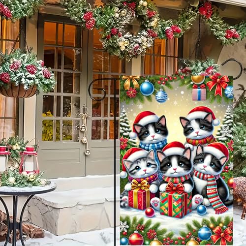 Image of BlissYard Christmas Cat Garden Flag 12x18 Inch Polyester | Double sided polyester, Christmas kittens santa hats boxes design, cozy cat lover decor for holiday porch and yard