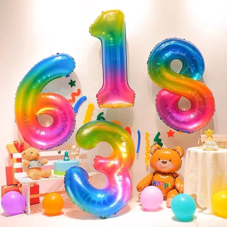 Miniatura 4 de Juego de 54 piezas Globo arcoíris número 6 de 40 pulgadas, decoraciones de fiesta de cumpleaños grandes globos de aluminio Mylar globo de números