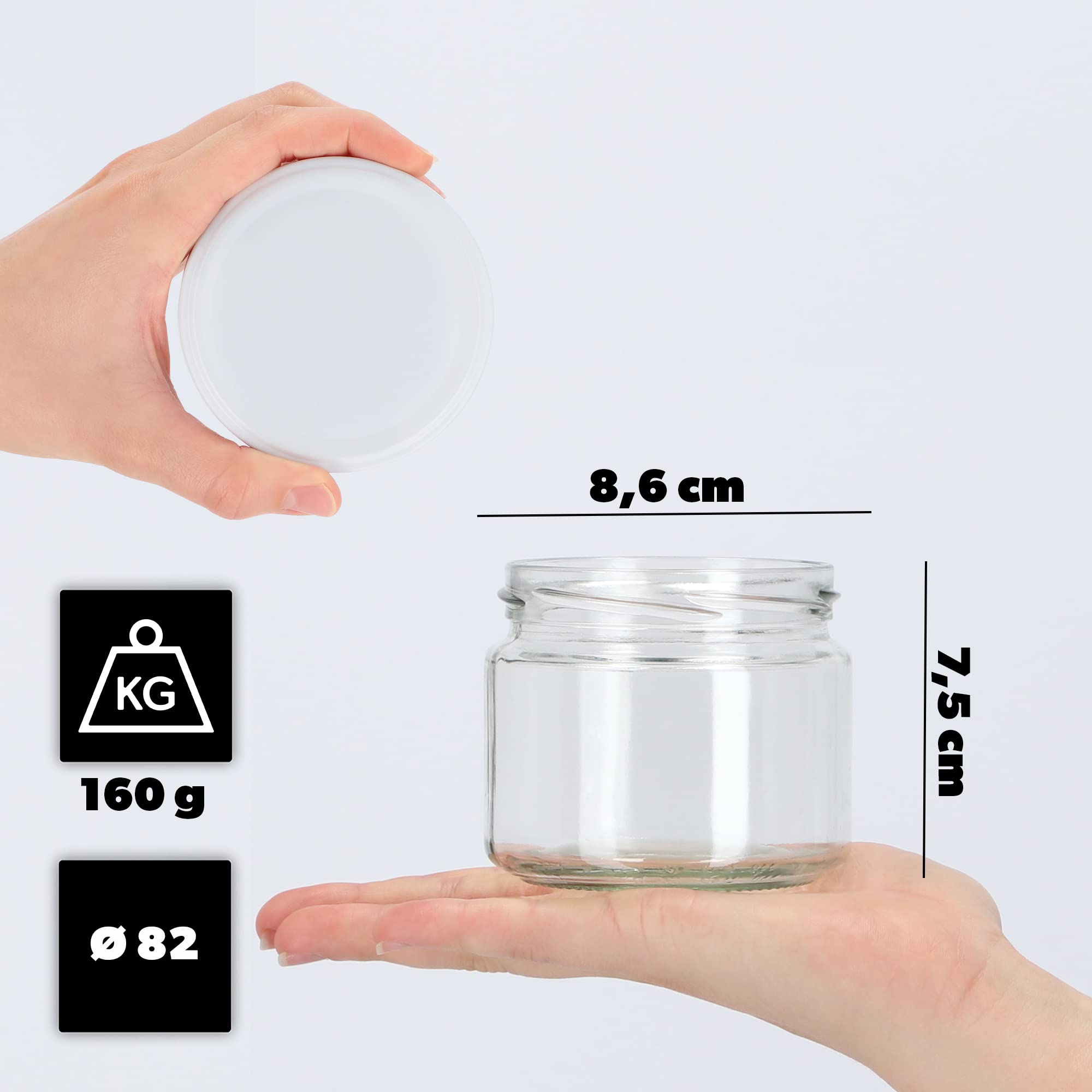 KADAX Słoiki na przetwory z zakręcaną pokrywką, słoiki na marmoladę, 330 ml, słoiki na dżemy, konfitury, miody, słoiki z nakrętkami (białe/100 sztuk)