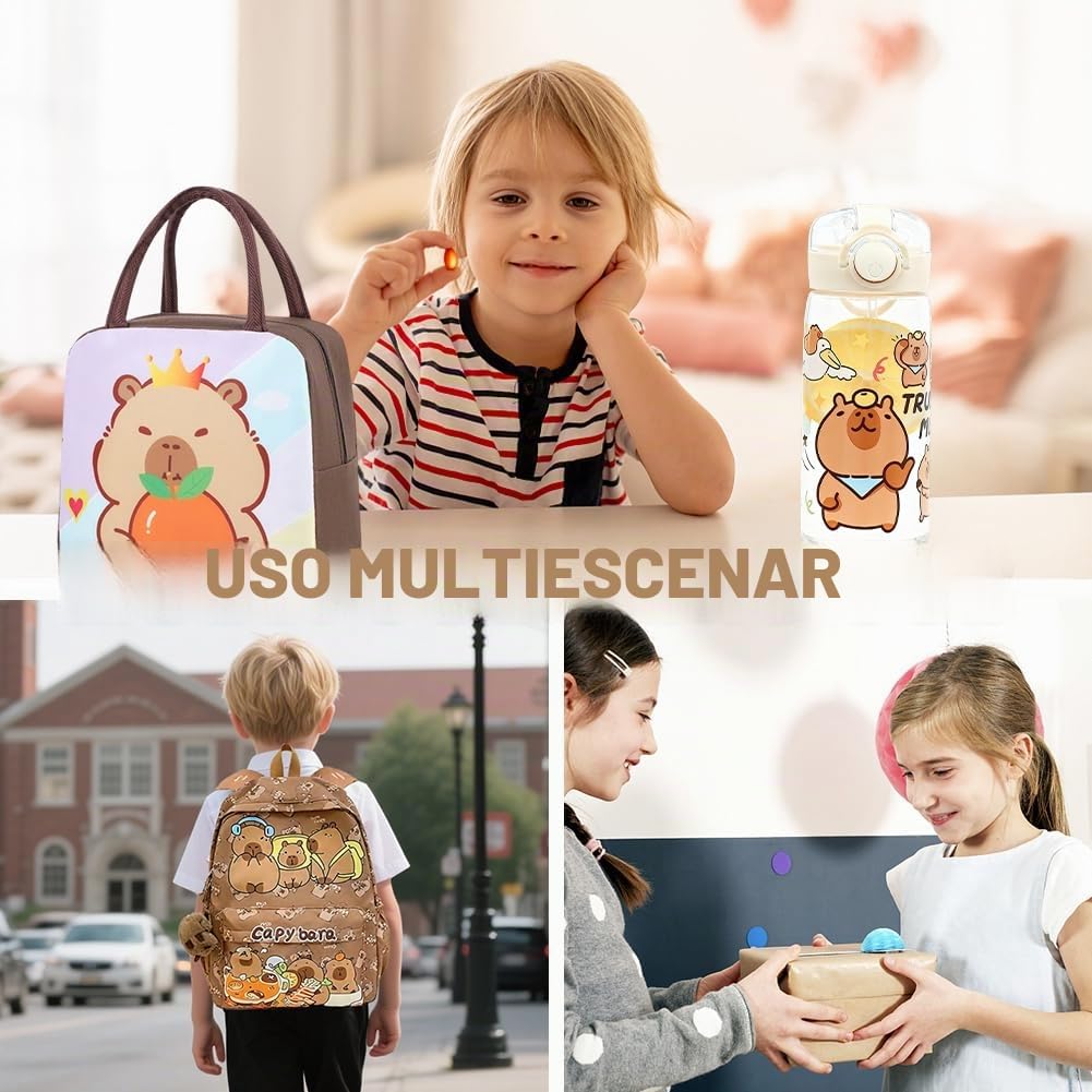 Capybara Backpack Kids, Capybara Bolsa De Almuerzo Para Niños y Fiambrera Para Niños Con Botella, Mochila Capybara Escolar Schoolbag Capibara Plush & Llaveros Portalápices Regalo para Niños