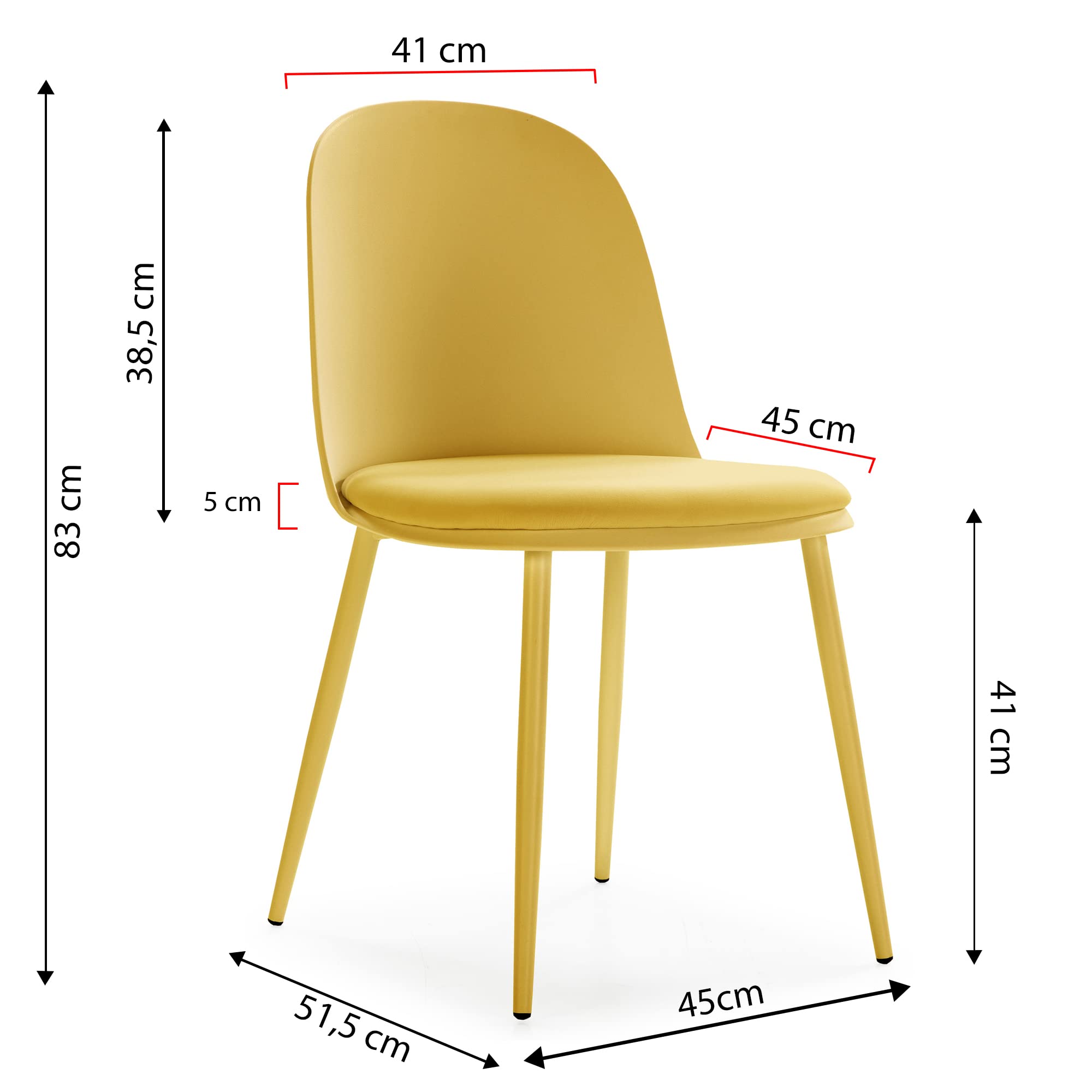HOMN LIVING Set mit 4 Esszimmerstühlen Kana Senf, Metallbeine und gepolsterter Sitz, 45 cm (Breite) 51,5 cm (Tiefe) 83 cm (Höhe)