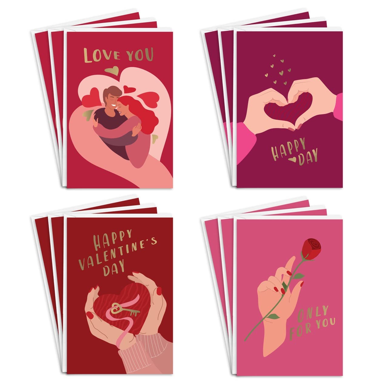 easykart labels 12 Happy Valentine's Day Greeting Cards with Gold Foiling, 4 Different Love Pattern with Envelopes, 6.75 x 4.5 Inch with Seal Stickers