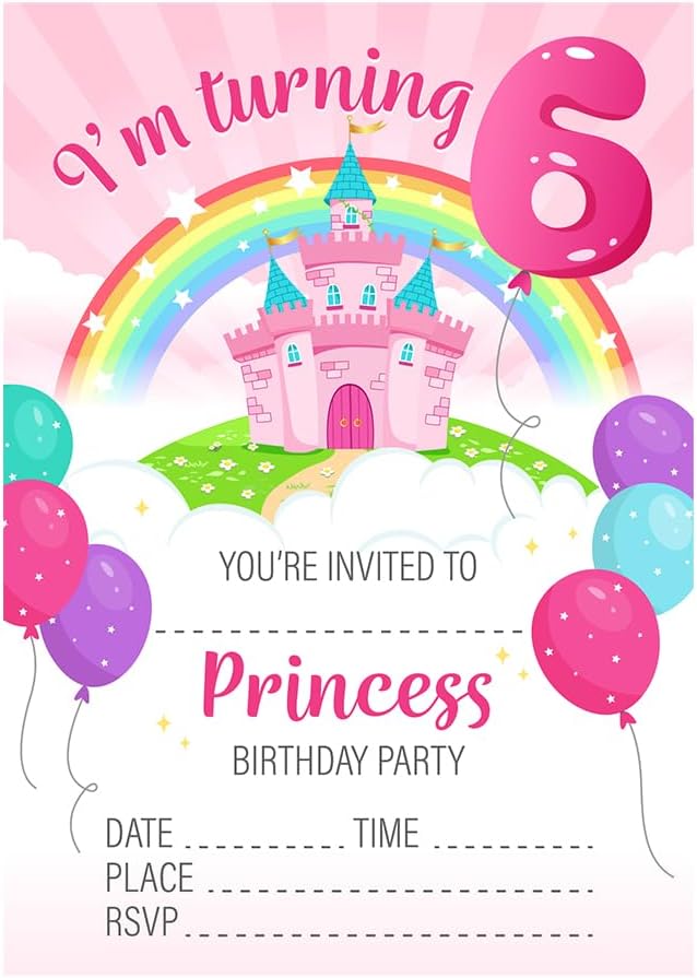 32 Princess Pink Girls Party Invites - Age 6 Kids Childrens Birthday Party Invitations with Envelopes โ Designed and Printed in the UK