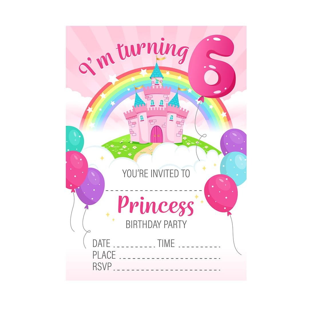 32 Princess Pink Girls Party Invites - Age 6 Kids Childrens Birthday Party Invitations with Envelopes β Designed and Printed in the UK