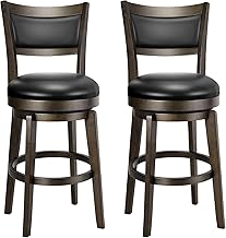 PrimeZone Swivel Bar Stools Set of 2, 24 Inch Counter Height Barstools, Black Faux Leather Bar Stool with High Backrest & Solid Wood Legs & Wrap-around Footrest, Counter Stools for Kitchen Island, Pub