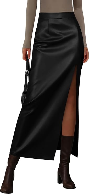 PRETTYGARDEN Womens Faux Leather Skirts 2025 Fall Fashion Bodycon High Waisted Slit Work Office Winter Maxi Long Pencil Skirt