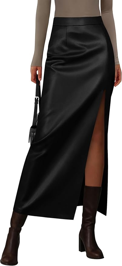 PRETTYGARDEN Womens Faux Leather Skirts 2025 Fall Fashion Bodycon High Waisted Slit Work Office Winter Maxi Long Pencil Skirt