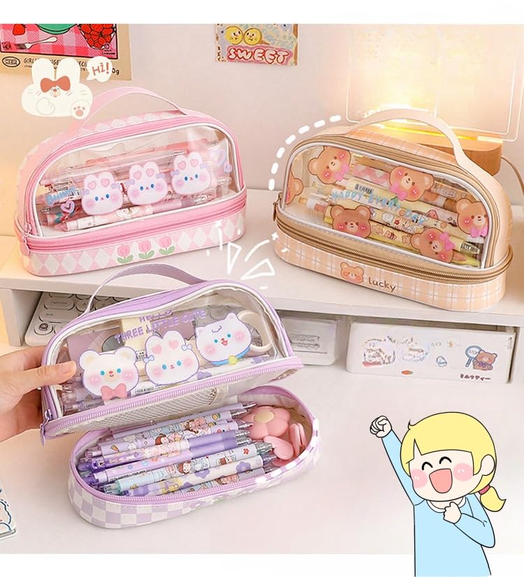 Image of Bunny Pencil Pouch w /Handle Rabbit Kitten Bear Puppy Pen Case Cosmetic Bag Clear Case Transparent Waterproof (Hello-Purple)