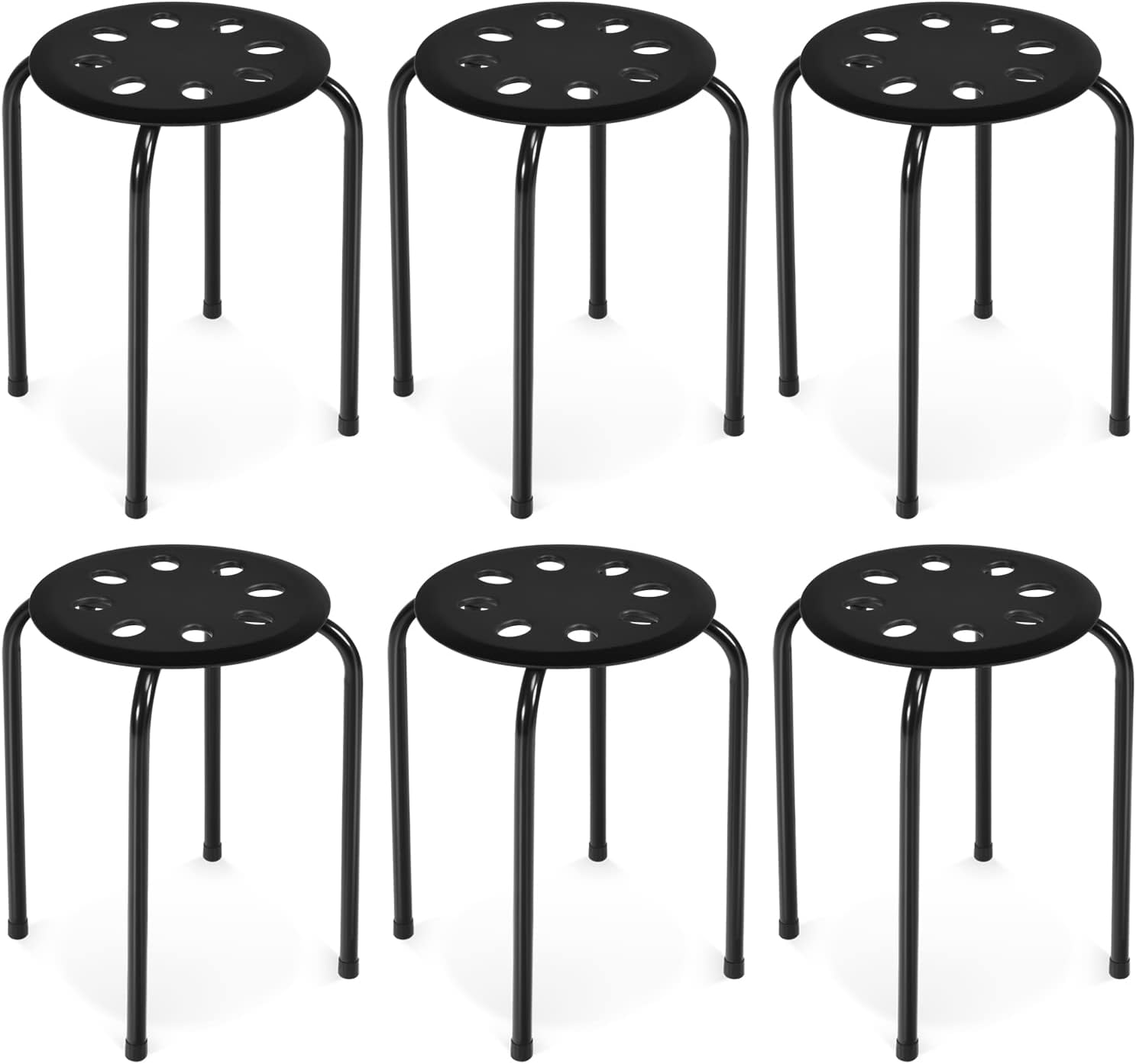 COSTWAY 6-Pack Round Plastic Stack Stools, 17.5-inch Height Backless School Classroom Decoration Stools with Metal Frame, Portable Stackable Chairs for Kids Children Students, Black