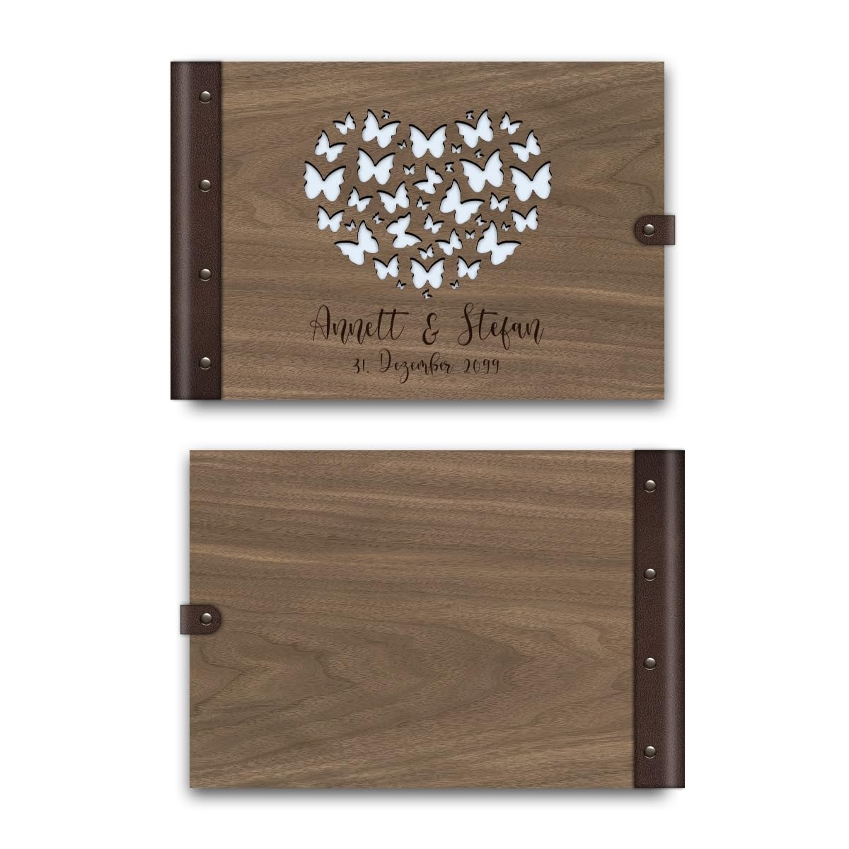 Personalisiertes Hochzeit Gästebuch echtes Holz DIN A4 Hochzeitsbuch mit Lasergravur - Schmetterling - mit 72 Blatt / 144 Seiten Naturpapier Weiß