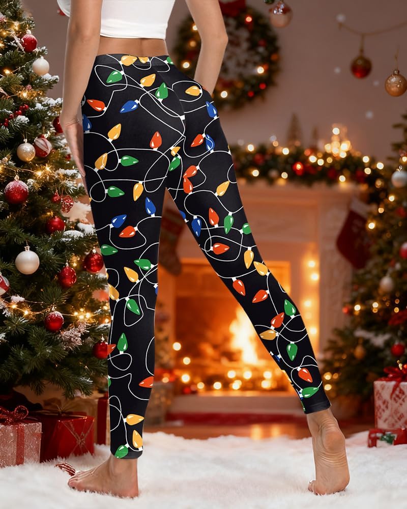 Eciodci Women's Ugly Christmas Leggings 3D Printed Xmas Lights Reindeer Snowflake High Waist Stretchy Tight Pants for Women - Image 5