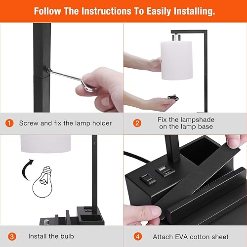 Miniatura 5 de Lámpara de mesita de noche regulable con puertos USB dobles y salida de CA, brillo y temperatura de color ajustables, soporte para teléfono y base