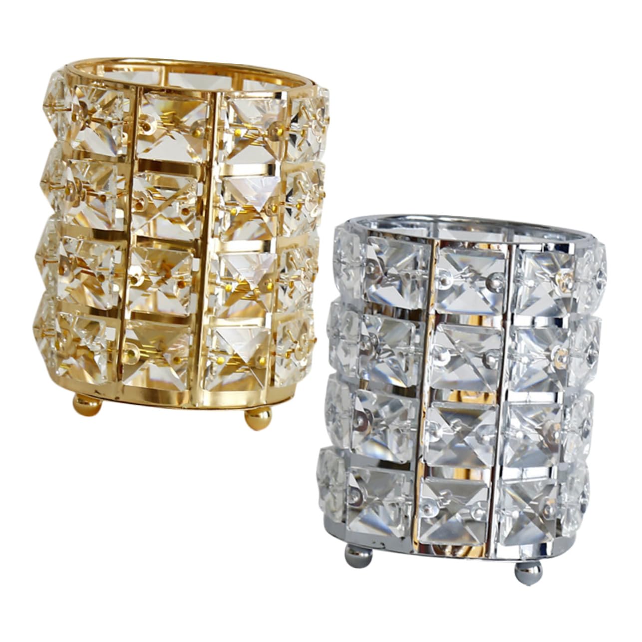 2 Pezzi Portapenne in Vetro con Supporto in Ferro Organizer Elegante per Scrivania Ufficio Studio e Tavolo Design Oro e Argento