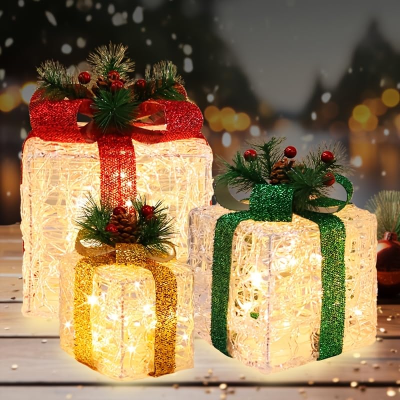 LAMPHOME Christmas Lighted Boxes, 70 LED of 3 Lighted Clear Acrylic Gift Box Decorations,Warm Lights with Flasher,Pathway Decorative Box, Christmas Tree Skirt Ornament for Garden,Party