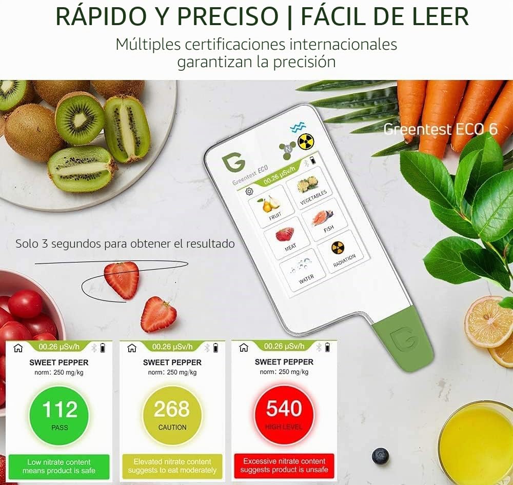 Probador de nitrato Greentest ECO 5F, medidor de agua digital de alta precisión TDS analizador de dureza PPM, detector Geiger de detector de radiación para frutas, verduras, carne, pescado, agua