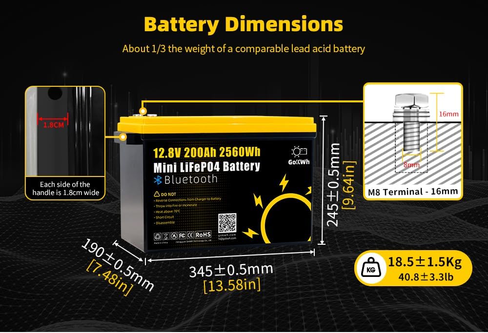 Detailed dimensions and M8 terminal size of GoKWh 12V 200Ah LiFePO4 battery