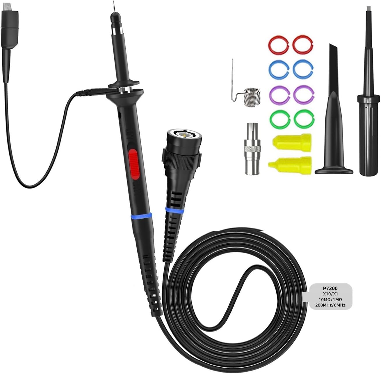 P7200 200MHz Oscilloscope Probe X1/X10 BNC Protective Cap Scope Probe DC-200MHz with Color Rings