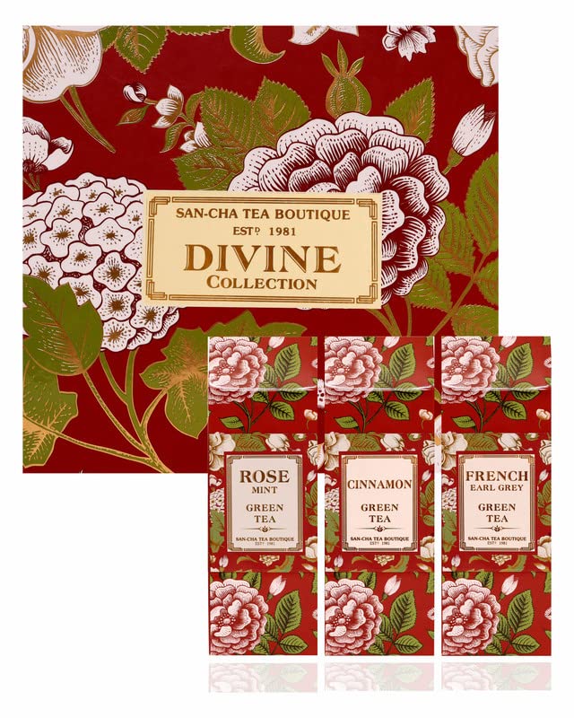 Image of Sancha Tea Boutique Divine Collection Gift Box Assortment - French Earl Grey, Cinnamon & Rose Mint Green Tea, 150gm Loose Leaf, Pack of 3