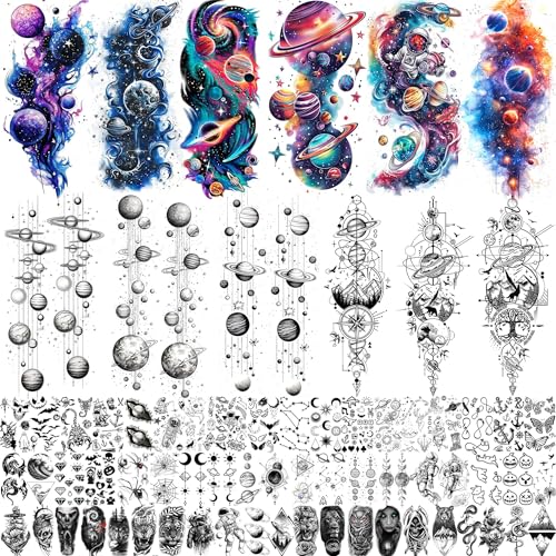 70 Sheets Watercolor Planets Galaxy Temporary Tattoos For Women Men Kids Boys Girls, 3D Star Universe Solar System Waterproof Half Arm Sleeve Tattoos For Adult, Forearm Fake Tattoo Sticker Outer Space