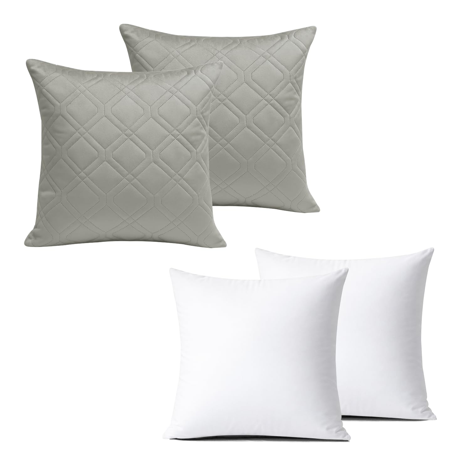 BedLooms Cushions with Covers Included 45x45 cm Silver Pack of 2 (2-Cushion Covers + 2-Cushion Inners) Ultrasonic Diamond Velvet Square Throw Pillow Cases with Invisible Zipper for Sofa Bedroom