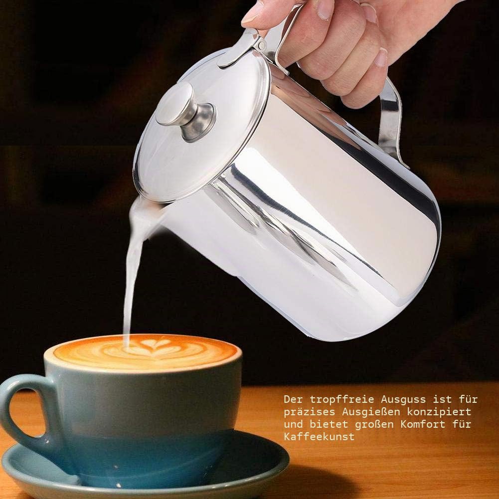 Nikou Milchkännchen Edelstahl 2000ml, Schaumbecher mit Deckel, Kaffeetasse Becher Milch Schaumkrug Handheld Becher Krug Milchaufschäumer für Barista Latte Coffee Art (Silber)