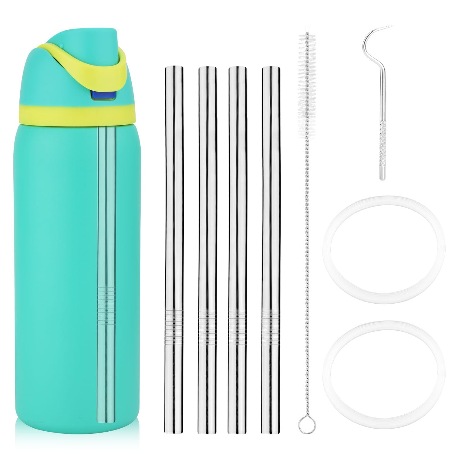 Gosknor6pcs Metal Straw Replacement for Owala Water Bottle 24 oz 32 oz, Stainless Steel Reusable Straws with Cleaning Brush & Washers Compatible with Owala Water Bottle